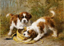 Two Saint-Bernard Puppies Playing with a Hat