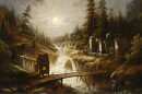 Watermills near a Moonlit Mountain River