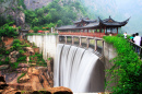 Temple and Waterfall in Taizhou, China