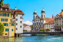 River Reuss and Jesuit Church, Lucerne, Switzerland